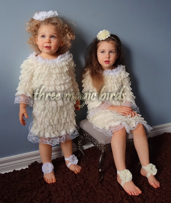 زفاف - Baby Girl IVORY Lace Dress,Lace Country Flower Girl Dress,Christening Wedding Baptism Special Occasion Birthday Dress Outfit 1T, 2T,3T,4T,5T