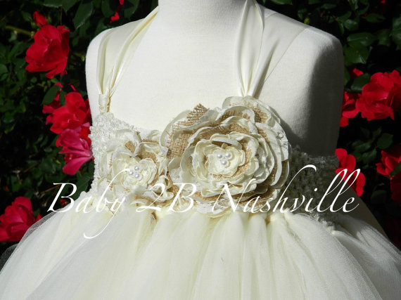 Hochzeit - Rustic Burlap  Flower Girl Dress in Ivory Wedding Flower Girl Dress All Sizes Girls