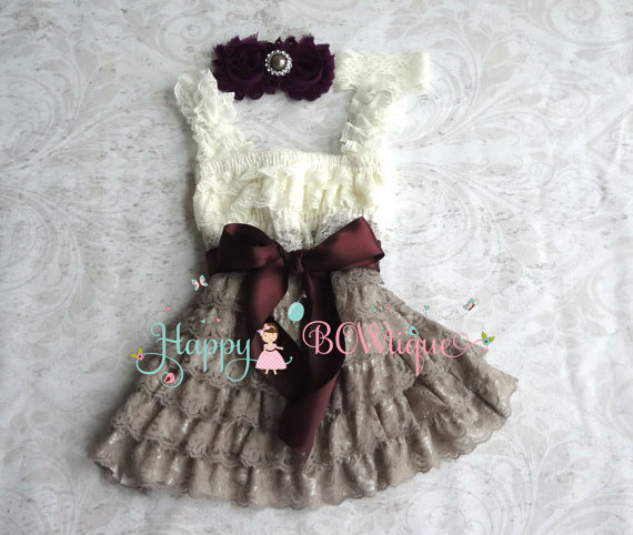 زفاف - flower girl dress, Ivory Grey Dark Plum Lace Dress set baby girls' dress, Girls 1st Birthday dress, Flower Girls Dress, Ivory dress, Rustic