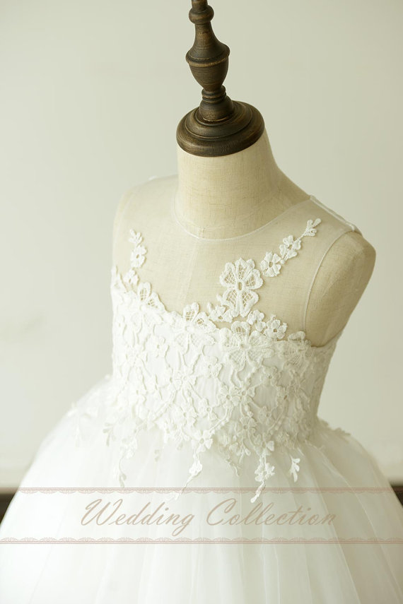 Hochzeit - Sheer Lace Strapless Neckline Flower Girl Dress Ball Gown