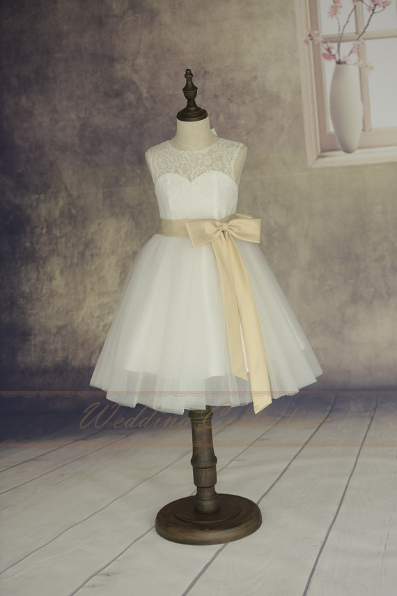 Hochzeit - Lace Tulle Flower Girl Dress With Champagne Sash and Bow