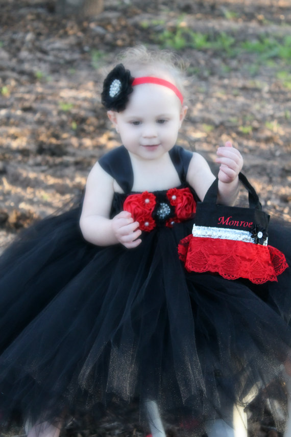 Hochzeit - Flower Girl Dress, Red and Black Tutu Dress, Matching Headband, and Chiffon Flower Girl Purse