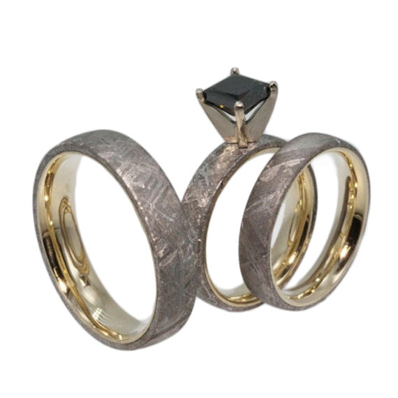 زفاف - Yellow Gold Meteorite Ring Set, Black Diamond, Princess Cut Diamond, His and Hers Meteorite Wedding Bands