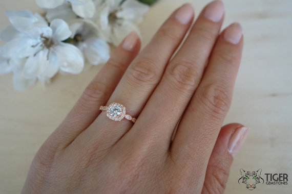 Hochzeit - 3/4 Carat Halo Vintage Engagement Ring, Man Made Diamond Simulants, Art Deco, Wedding, Bridal, Promise Ring, Sterling Silver & ROSE Gold