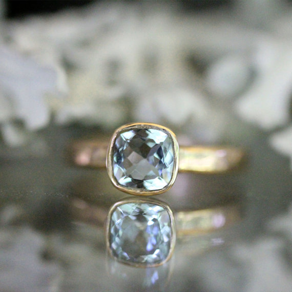 Wedding - Genuine Aquamarine 14K Yellow Gold Ring, Gemstone RIng, Cushion Shape Ring, Eco Friendly, Engagement Ring, Stacking Ring - Made To Order