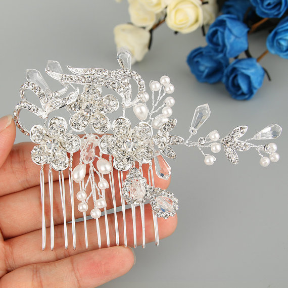 Hochzeit - Flower Bridal Hair Piece,Pearl Hair Comb,Vintage Silver Bridal Hair Comb,Wedding Hair Accessories,Swarovski Crystal Hair Piece-10409