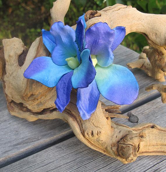 زفاف - Hawaiian Purple - Blue Two Orchids hair flower clip - Wedding-