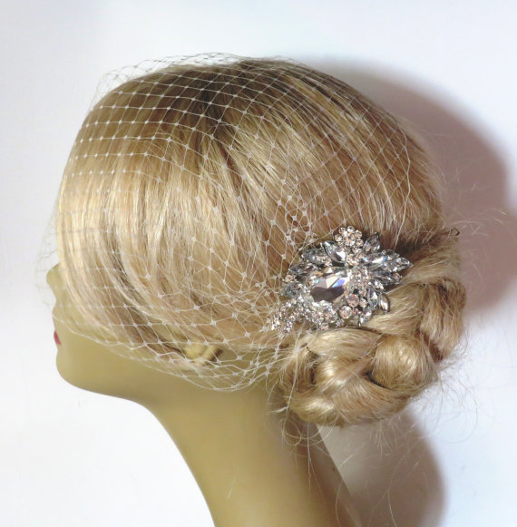 Hochzeit - Bridal Veil and Bridal Comb, Bandeau Birdcage Veil, Blusher Bird Cage Veil , Rhinestone Fascinator Comb , QUICK SHIPPER Bridal Veil,