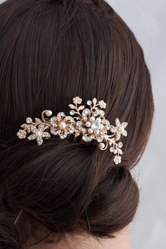 Свадьба - Flower Wedding Comb Rose Gold Bridal Hair Accessory Swarovski Crystal Leaves and Flower Bridal Comb SABINE COMB