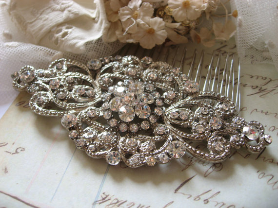 Wedding - Wedding hair comb, Bridal hair comb, Barrette clip, Vintage brooch, Silver vintage style hair accessory