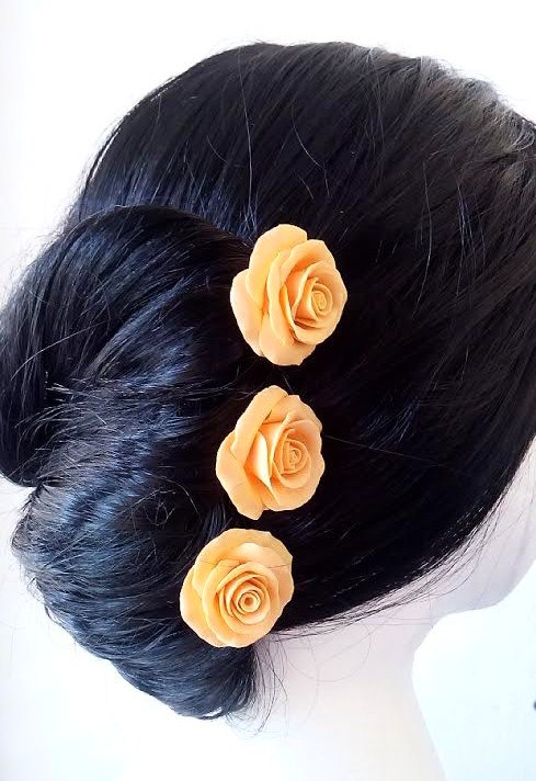 Wedding - Peach Cream large rose , Bridal Hair Accessories, Bohemian Wedding Hair Accessories Hair Flower - Set of