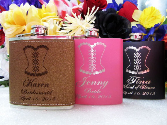Свадьба - Set of 9 Bridesmaid Gift - Personalized Flask with a Corset Design - Available in Pink, Black, and Leather