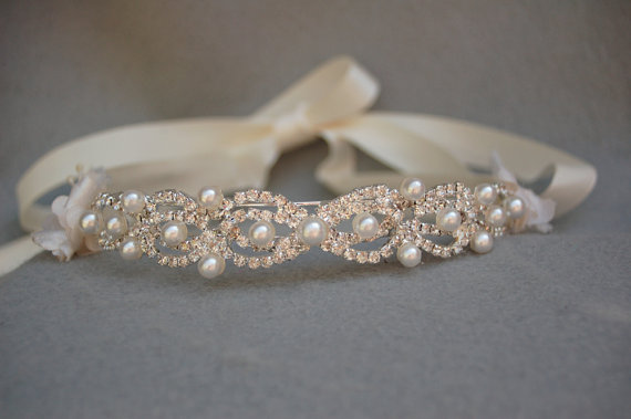 زفاف - Rhinestone And Pearl Bridal Tiara / Headband / Headpiece / Vintage Inspired Bridal Tiara / Rhinestone Tiara / Tiara / Pearl Tiara