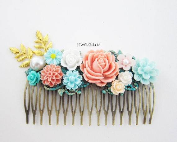 زفاف - Floral Wedding Hair Comb for Bride, Bridal Headpiece, Coral Peach Pink Turquoise Pastel Blue Romantic Hair Slide Woodland Hair Accessories