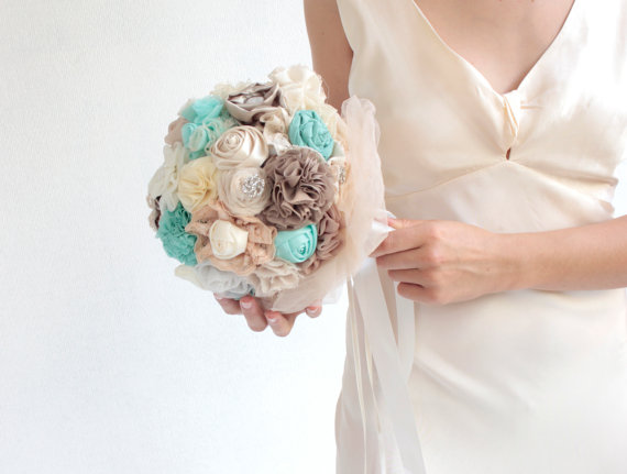 Wedding - Teal ivory fabric bouquet custom bouquet DEPOSIT
