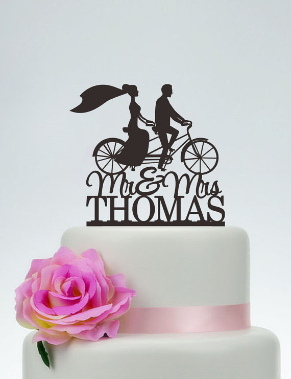 Wedding - Mr And Mrs Cake Topper With Last Name,Bride And Groom On Bike Silhouette,Custom Cake Topper,Bicycle Cake Topper,Unique Cake Topper C099
