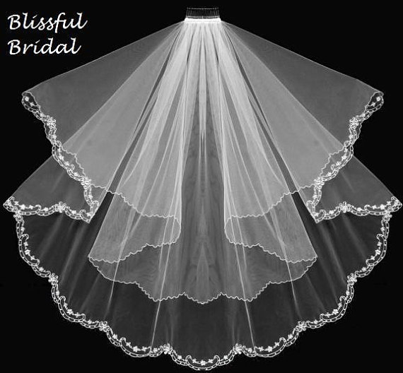 زفاف - Embroidered Beaded Edge Wedding Veil, 2 Tier Vintage Wedding Veil, Embroidered Silver Edge Wedding Veil, Crystal Edge Wedding Veil