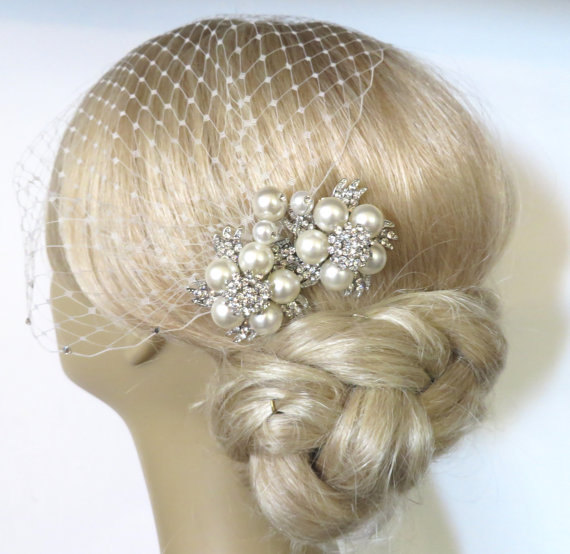 Wedding - Birdcage Veil and a Bridal Pearls Hair Comb 2 Items,bridal veil, Bridal Headpiece Blusher Bird Cage Veil accessories Wedding comb rhinestone