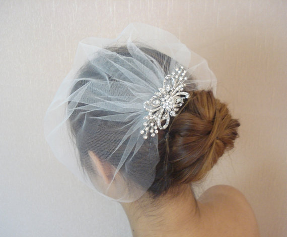 Mariage - Wedding Tulle Detachable Birdcage Veil and Rhinestone Comb - Ships in 1 Week