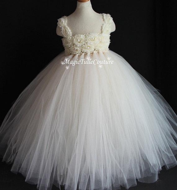 زفاف - Ivory Flower Girl Dress Rustic Flowers Dress Tulle Dress Wedding Dress Birthday Dress Toddler Tutu Dress 1t 2t 3t 4t 5t Morden Wedding
