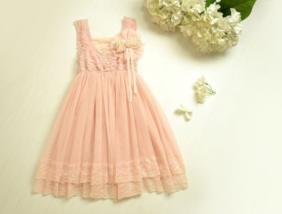 Mariage - Vintage Pink Lace Girls Dress Flower Girl Bridesmaid Dress Rustic Country Wedding Party Dress