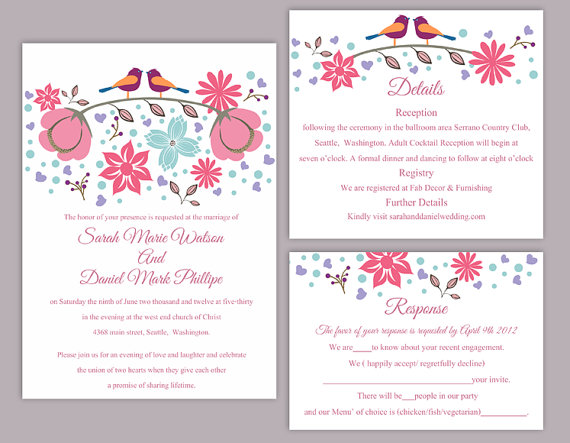 Свадьба - DIY Wedding Invitation Template Set Editable Word File Instant Download Printable Colorful Bird Wedding Invitation Coral Floral Invitation
