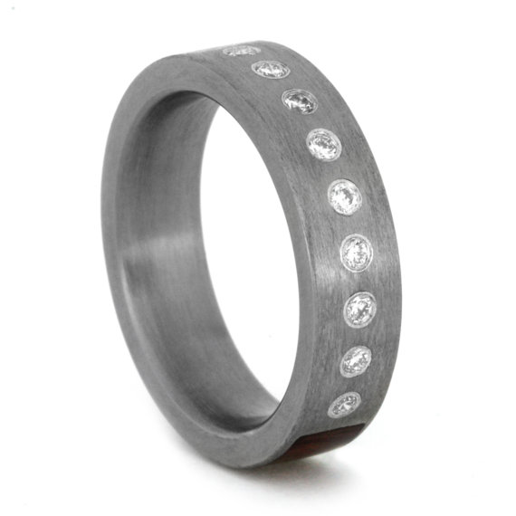 زفاف - Titanium Engagement Ring with Nine Stunning Diamonds and Honduran Rosewood Inlay, Personalized Jewelry