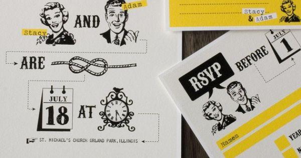 Mariage - Funny Wedding Invitation Set With Yellow Retro Design - "Tying The Knot"