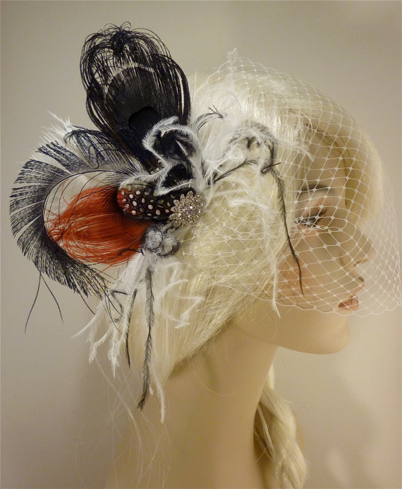 Wedding - Fancy Peacock - Feather Bridal Fascinator, Feather Fascinator, Bridal Fascinator, Rhinestone Hair clip, Wedding Veil, Black, White and Red