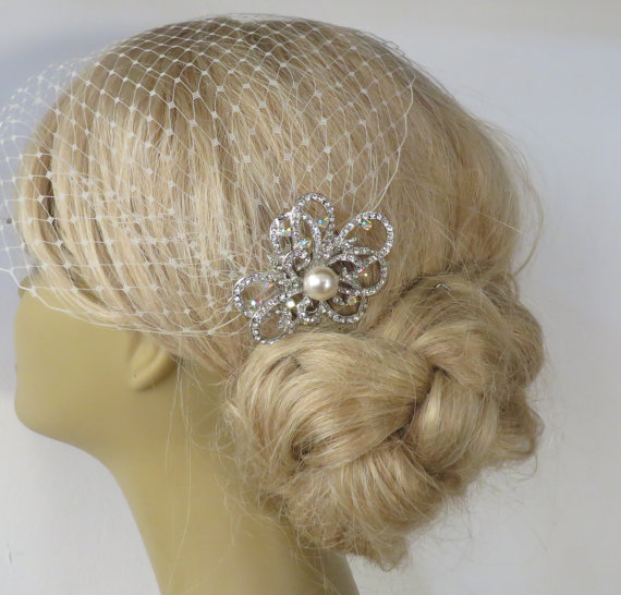 Hochzeit - Birdcage Veil and a Bridal Hair Comb (2 Items),bridal veil,Weddings, Jewelry, Sterling Silver, Rinestone, Crystal,pearl