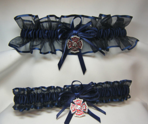 Hochzeit - FIREFIGHTER Fireman Wedding garters Navy Blue Garter set