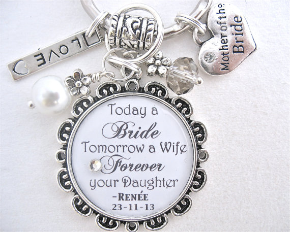 Mariage - Mother of the BRIDE Gift, Mother of the Groom WHITE Wedding Jewelry White Damask Today a Bride Wedding CHARM necklace Keychain Mother in law