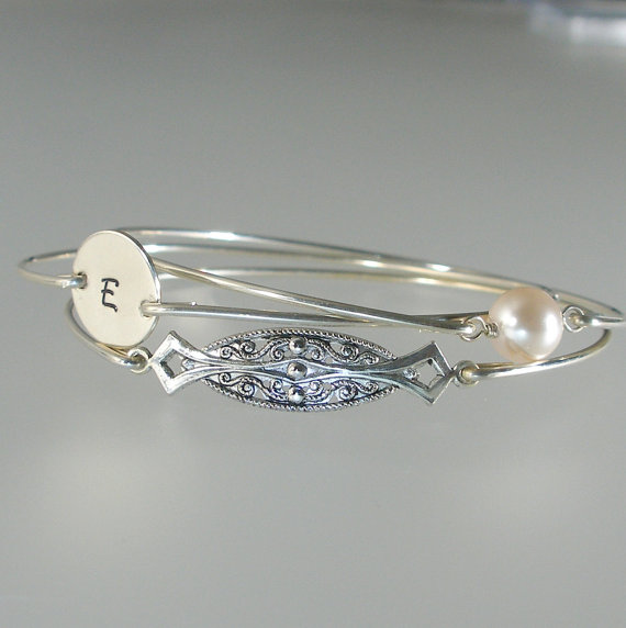 زفاف - Wedding Jewelry Bracelet Set, Art Deco Filigree, Personalized Bangle, Pearl Silver Bracelet, Bridesmaid Gift, Bridesmaid Jewelry (S249S,)