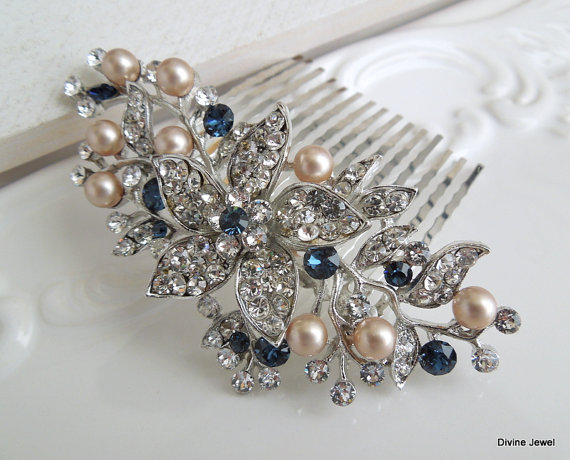 زفاف - Blue Swarovski Crystal and Pearl Wedding Comb,Wedding Hair Accessories,Vintage Style Flower and Leaf Rhinestone Bridal Hair Comb,Pearl,KATY