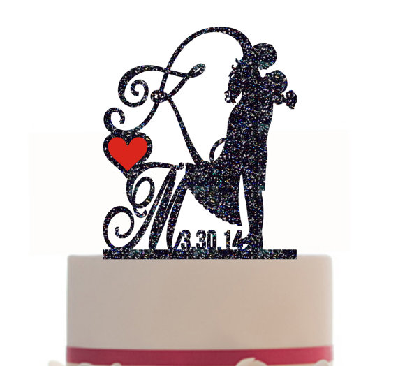 Hochzeit - Custom Wedding Cake Topper Personalized Silhouette With Your Wedding Date, a Heart with your color choice and a FREE base for display