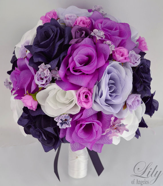 Mariage - 17 Pieces Wedding Bridal Bride Maid Of Honor Bridesmaid Bouquet Boutonniere Corsage Silk Flower PURPLE BEAUTY "Lily Of Angeles" PULV07