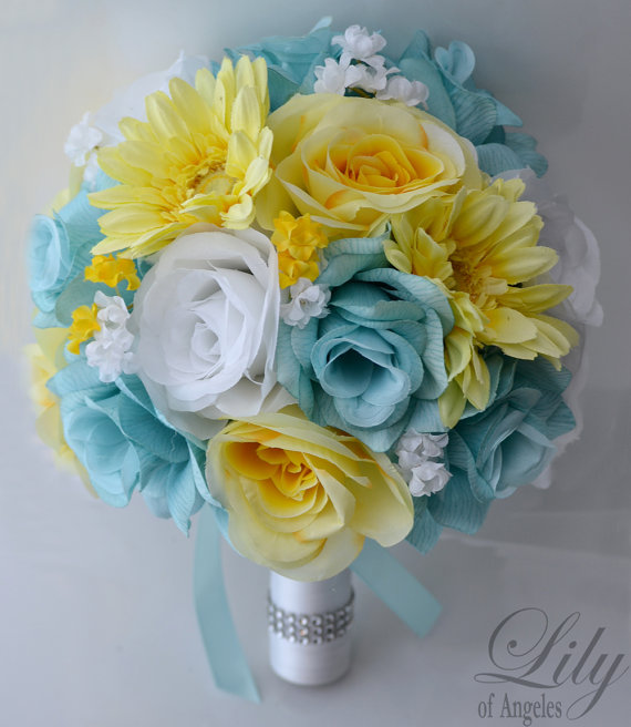 Wedding - 17 Piece Package Wedding Bridal Bride Maid Of Honor Bridesmaid Bouquet Boutonniere Corsage Silk Flower YELLOW WHITE AQUA "Lily of Angeles"