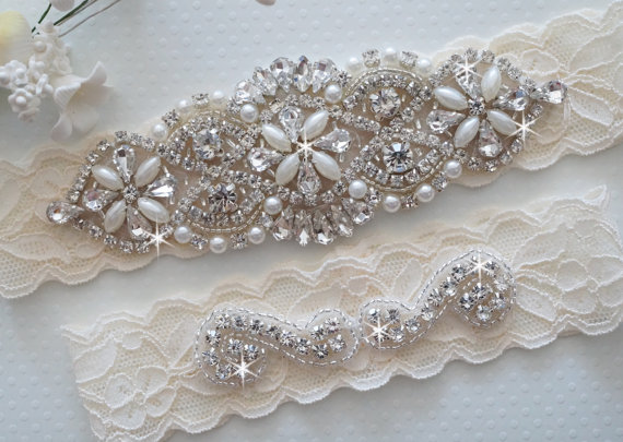 زفاف - MIA Style A - Bridal Garter, Wedding Garter Set, Stretch Lace Garter, Rhinestone Crystal Bridal Garter