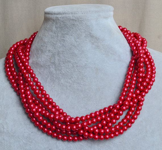 زفاف - red pearl Necklaces,Glass Pearl Necklace, 6 rows Pearl Necklace,Wedding Necklace,bridesmaid necklace,Jewelry