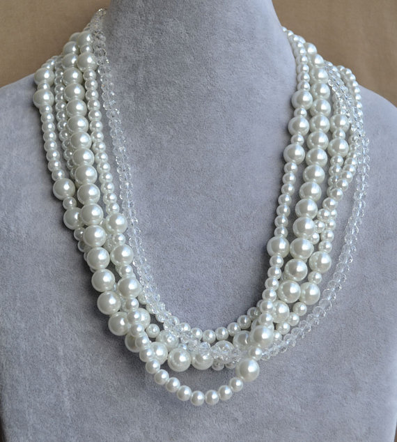 زفاف - white pearl Necklace,5 rows Glass Pearl nad crystal  Necklace, five strands Pearl Necklace,Wedding Necklace,bridesmaid necklace,Jewelry