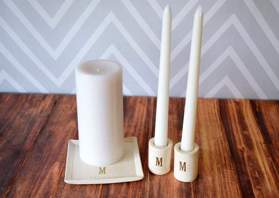 Wedding - PERSONALIZED Unity Candle Ceremony Set with Ceramic Candle Holders and Square Plate - Gift Boxed