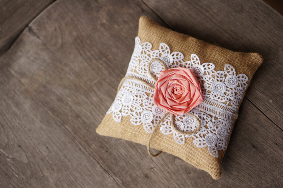Mariage - Coral / Salmon / Lace Burlap Ring Bearer Pillow, Rustic wedding, Shabby Chic, Wedding Pillow, woodland, French country / Ready to Ship