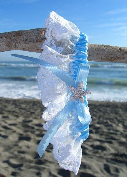 Hochzeit - Starfish Beach Wedding Garter,SOMETHING SKY BLUE,Beach Weddings, Bridal Garter, Blue and White Garter, Vegan Friendly, Nautical Wedding