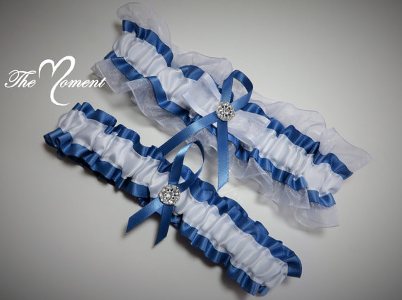 Свадьба - White Organza with Smoke Blue Garter Set, Blue and White Garter Set, Prom Garter, Blue Garter, Bridal Garter, Wedding Garter