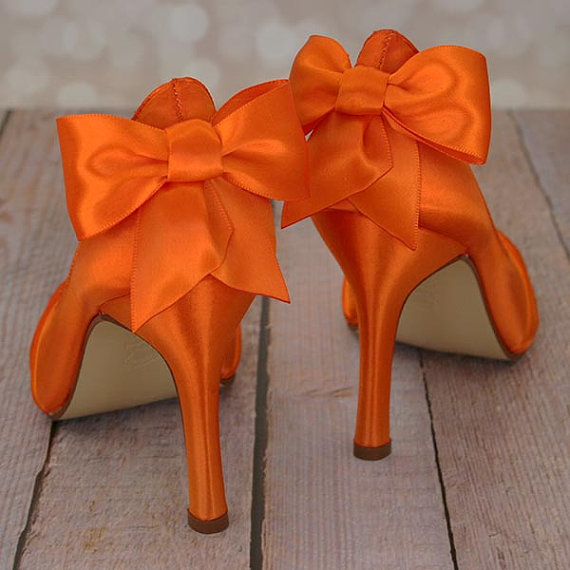 Hochzeit - Wedding Shoes -- Orange Peep Toe Wedding Shoes with Matching Bown on the Heel