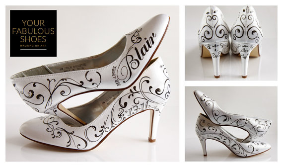 Wedding - Damask Wedding Shoes, Scroll Hand Painted Wedding Shoe, Custom Hand painted High Heels
