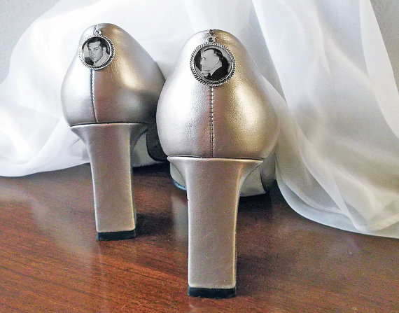 Свадьба - CUSTOM Wedding Shoe Memorial Photo Charms - 2 little Silver or Bronze Bridal Memory Keepsake