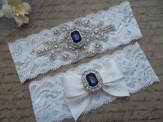 Hochzeit - SALE--OLIVIA Style B-Wedding Garter Set, Bridal Garter Set, Something Blue, Ivory Lace Garter, Blue Garter