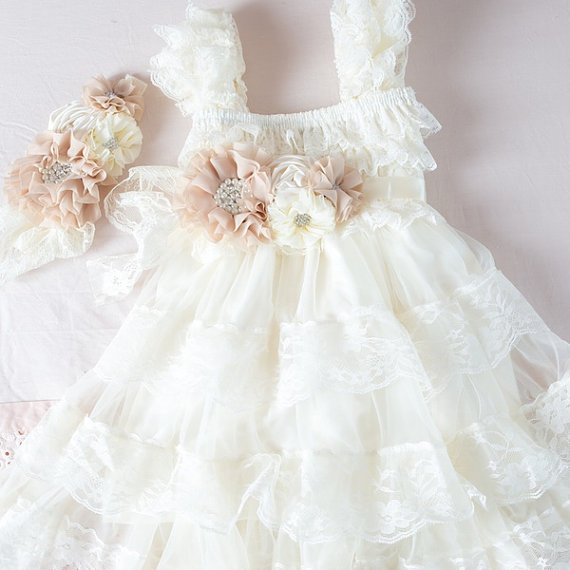 Mariage - Ivory Lace Flower Girl Dress -Ivory Lace Baby Doll Dress/Rustic Flower Girl/-Vintage Wedding-Shabby Chic Flower Girl Dress-Champagne