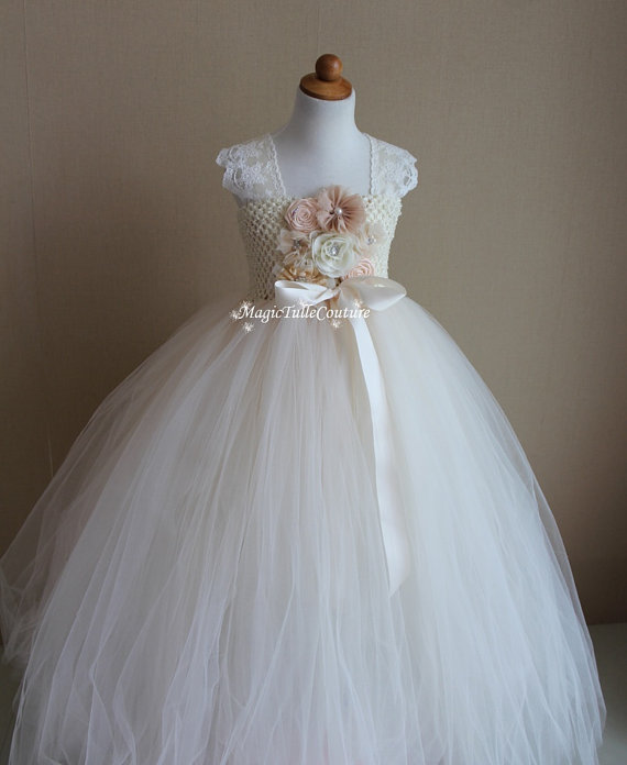 Hochzeit - Champange Blush and Ivory Vintage Lace Shoulder Flower Girl Tutu Dress 1t2t3t4t5t6t7t8t9t10t